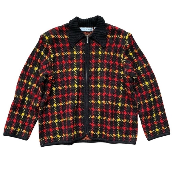 Chaus Merino Wool Blend Knit Plaid Sweater Jacket Black Red Yellow Size Large - Picture 1 of 6
